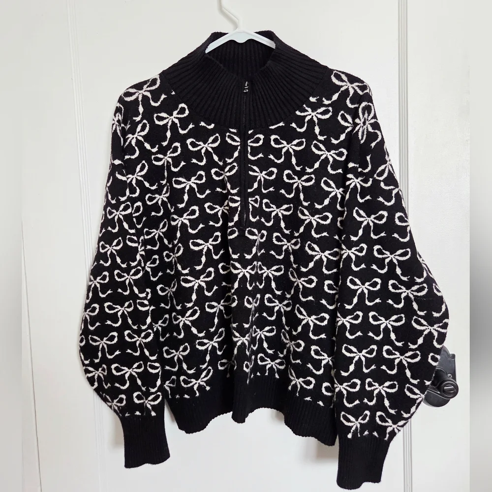 Maeve Anthropologie The Montana Mock-Neck‎ Half-Zip Sweater Black Bow Print Sz M